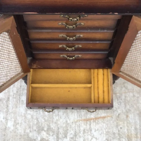 large Vintage Wooden Musical Jewelry Box, velvet lined drawers, made in Japan